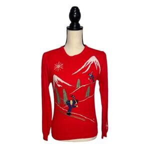 Vintage Cyn Les Embroidered Ski Sweater Women's Size Small Crewneck Red Knit